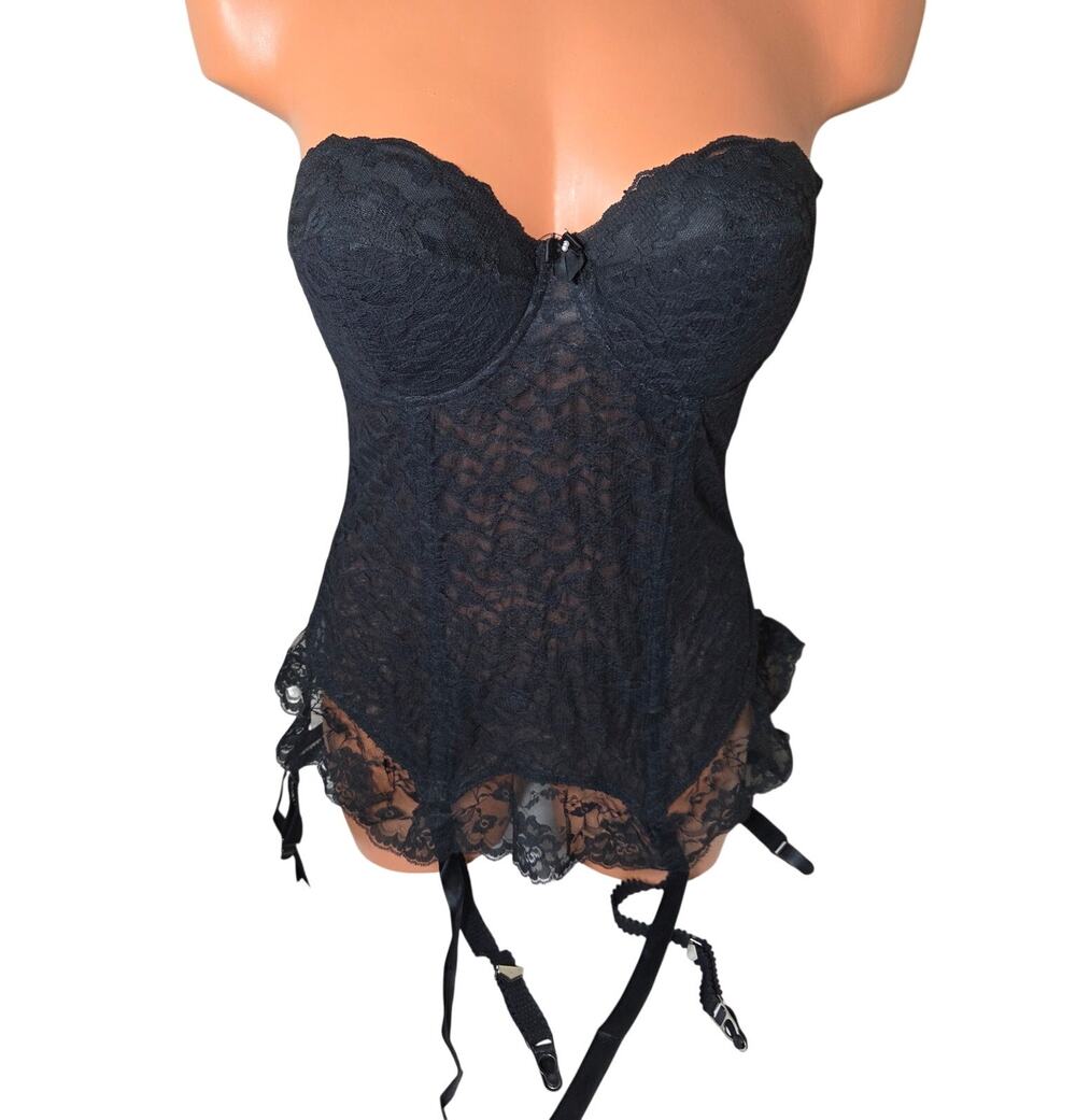 Vintage 70s-80s Goddess 711 Longline Black Lace Bustier Boned Garter Straps 34C